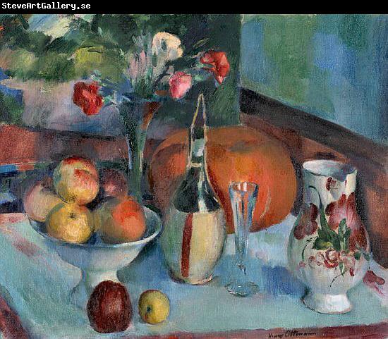 Henry Ottmann Nature morte aux fruits et a la fiasque de vin